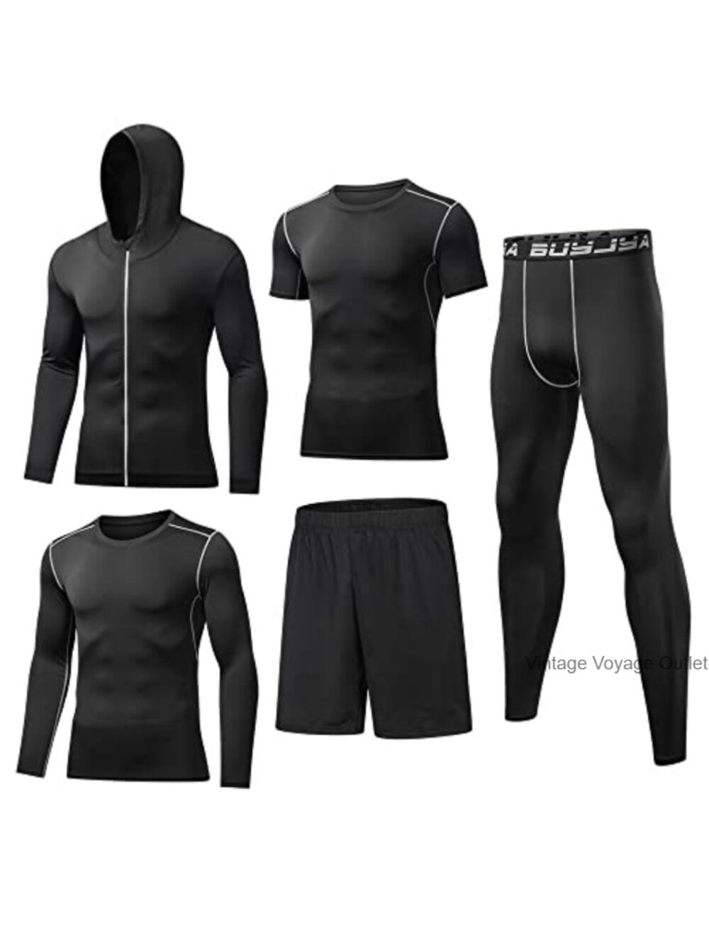 Mens 5-Piece Compression Workout Set Long Sleeve Jacket Shirt Shorts Tights